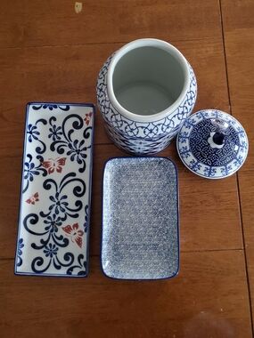 Blue and White Porcelain Canister with Matching Trays